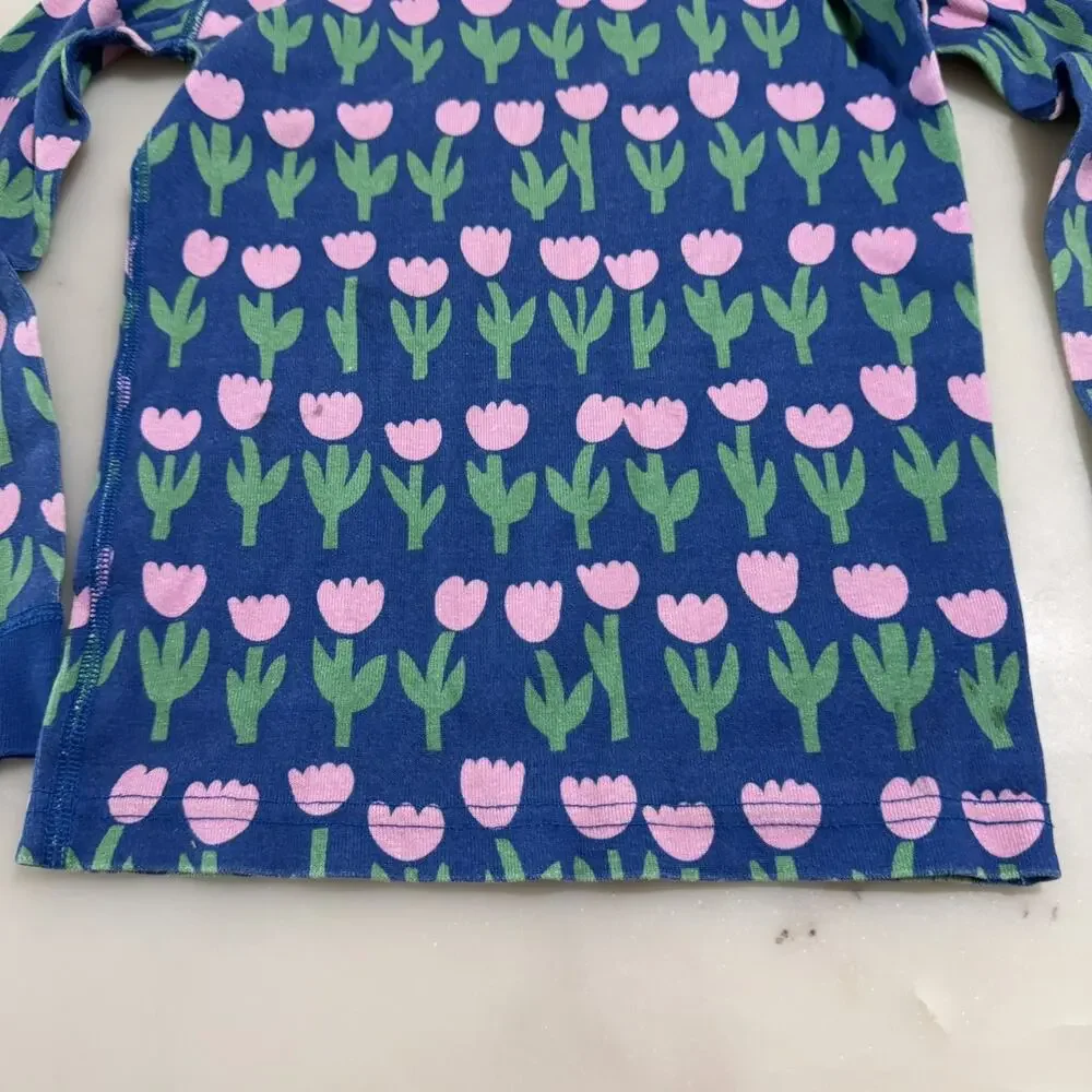 Hanna Andersson Pajama Top Girls 6-7 Blue Pink Tulips Flower Long Sleeves Cotton
